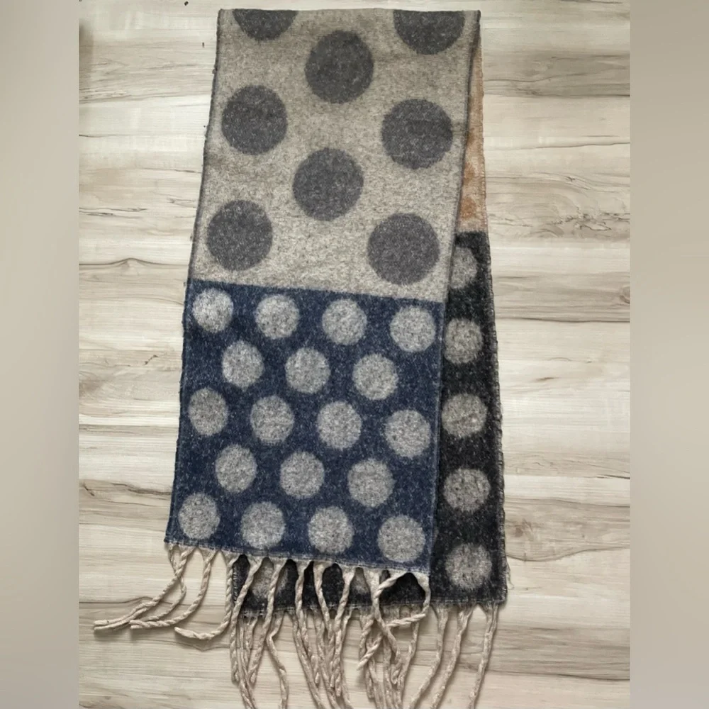 Cozy Polka Dot Wool Blend Scarf - Gray, Gold, and Blue - REVERSIBLE